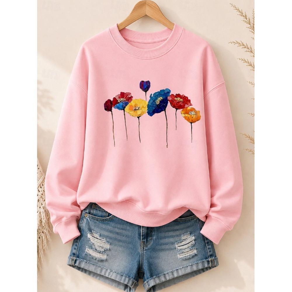 Tops for Women Floral Print Round Neck Long Sleeve T-shirt Fall Casual Slim Pullover Women's Long Sleeve Top