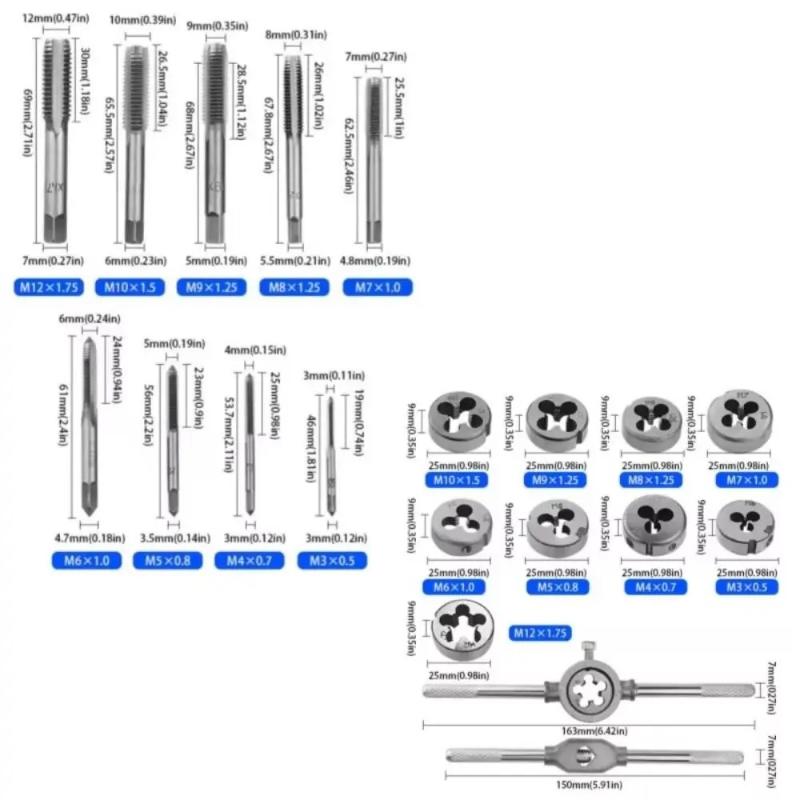 Set di Maschi e Filiere Manuali 12/20 Pezzi M3-M12 Conico Dritto Strumenti di Foratura Portatili per Compiti di Foratura su Acciaio Inossidabile