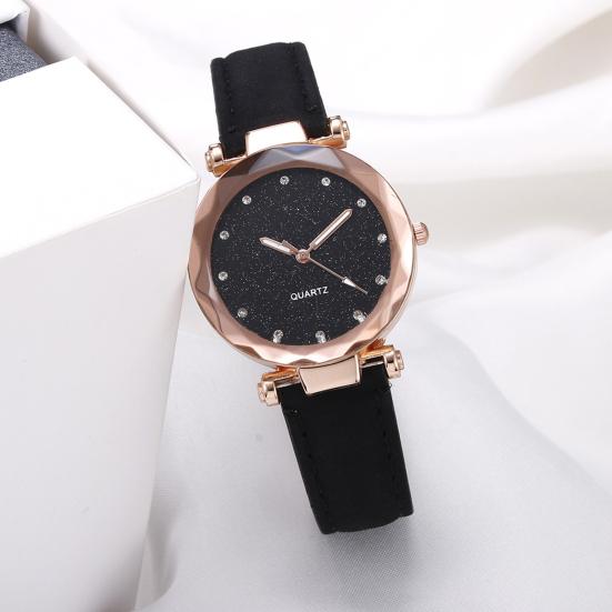 Women Casual Watch Rhinestone Round Dial Faux Leather Strap Ladies Business Formal Dress Quartz Wristwatch Fashion Jewelry Accessory Birthday Gift
