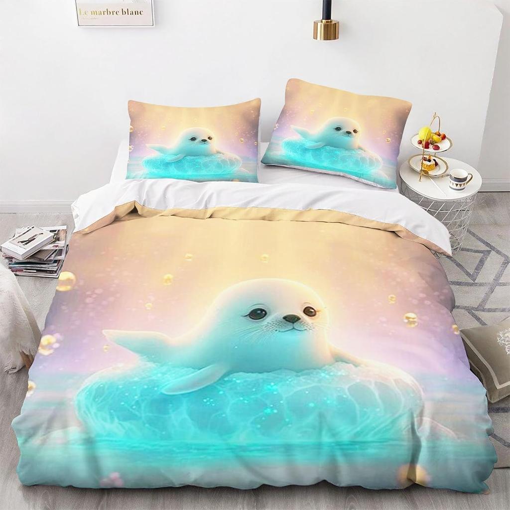 Set de lenjerie de pat cu animale focă pentru copii fete, Set husă de pilotă cu focă de desene animate, Husă de pilotă moale din microfibră cu fețe de pernă 75*50