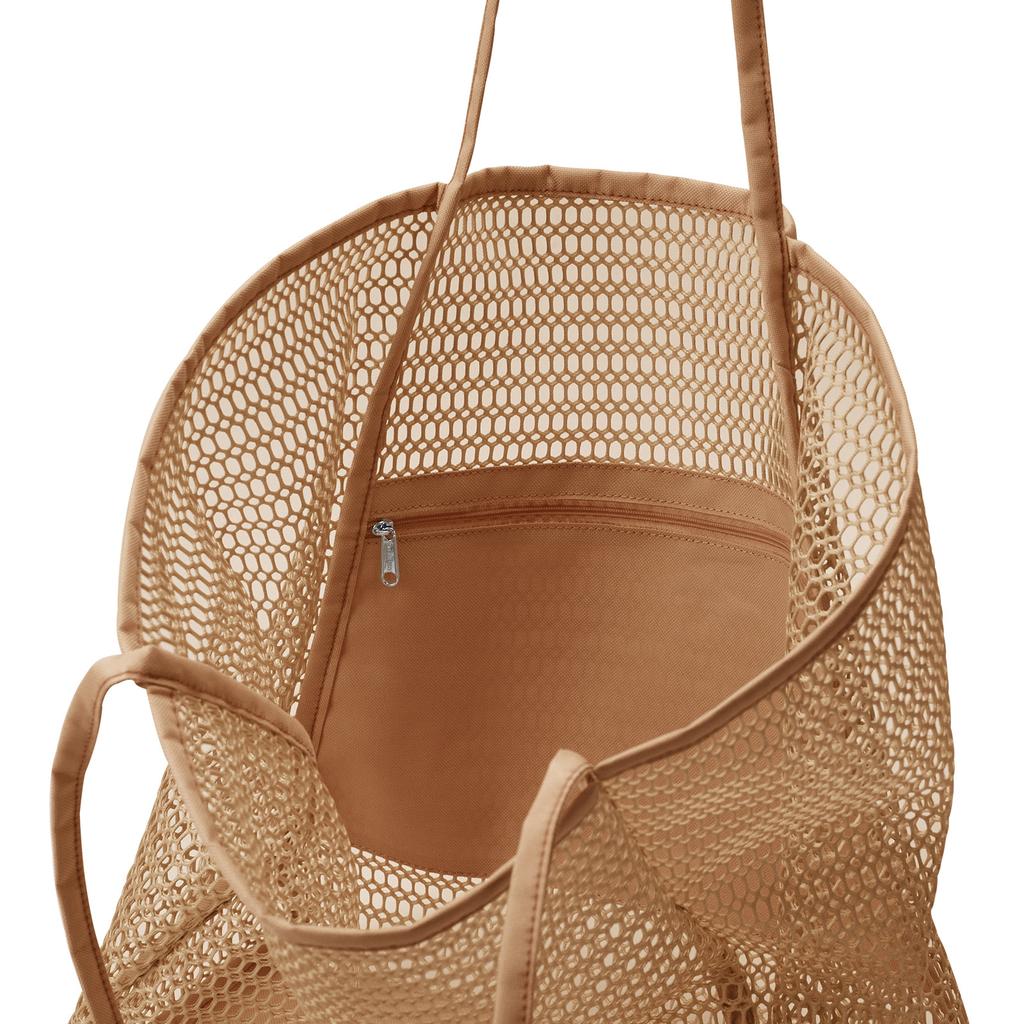 Mesh Beach Bag Single Shoulder Handbag for Women Toiletries and Swimming Clothes Storage Bag 17.3x15.7x5 Inch Khaki