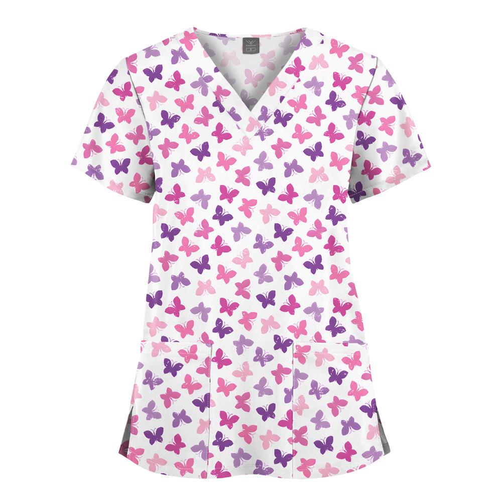 Quick-Drying Printed T-Shirt Short-Sleeved V-Neck Dental Oral Hand Wash Clothes Beauty Salon Pet Hospital Doctor Nurse Overalls