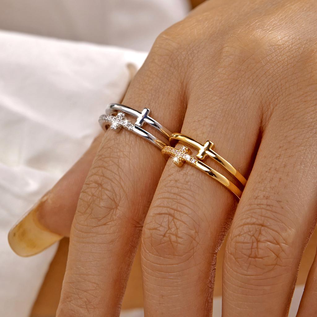 Delicate Double Band Cross Ring for Women Brass Zircon Asymmetrical Two Row Paved Minimalist Everyday Chic Jewelry