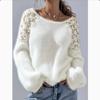 Damen Pullover mit Hohlmuster-Spitze, schulterfrei, Spitzenärmel-Patchwork, flauschig und elegant
