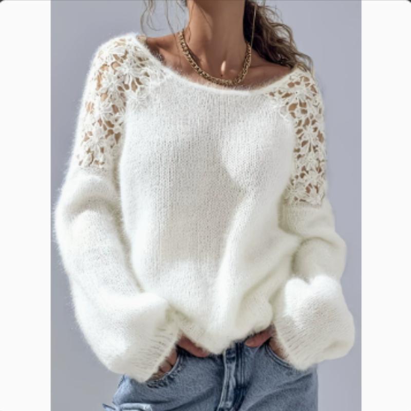 Damen Pullover mit Hohlmuster-Spitze, schulterfrei, Spitzenärmel-Patchwork, flauschig und elegant