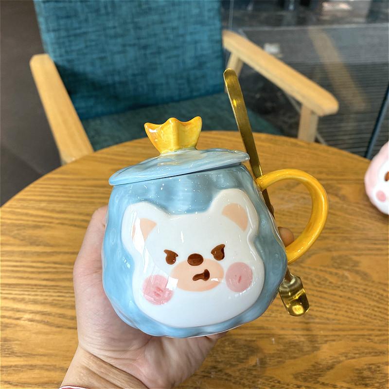 

Korean Cute Cartoon Breakfast Creative Water Cup Teenage Student Ceramic Cup with Lid Spoon Straw Mug 380ml