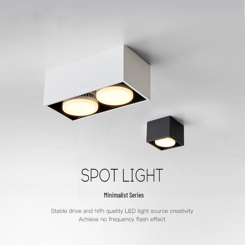 Surface-Mounted Grille Spotlight, No Main Light, Square Double/Quad Head for Apartments, B&B, Living, & Dining Rooms, Hole-Free Installation Single Head Black 7W