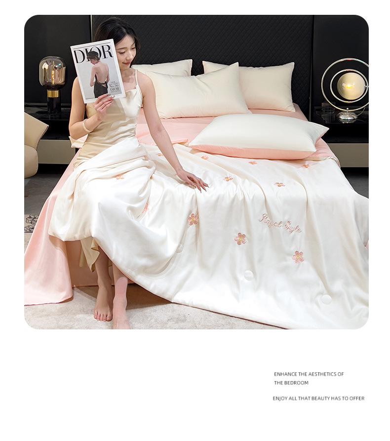 Washable Ice Silk Embroidered Summer Quilt Set - Four Pieces for Cool Comfort