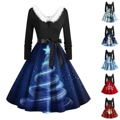 Vestido feminino vintage de manga comprida estampa de natal anos 1950 dona de casa festa à noite baile