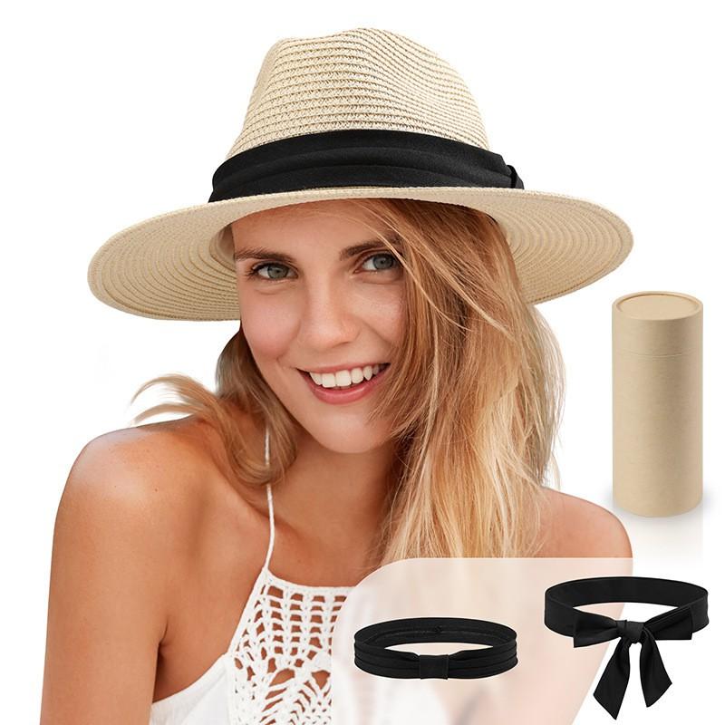 Womens Wide Brim Paper Straw Hat Beach Vacation Sun Protection Foldable Panama Style