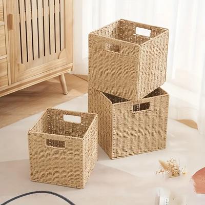 Handmade Basket Wicker Sundries Cube Baskets Toy Organizer Clothes Closet Dirty Clothes Storage Folding Rattan Storage Container