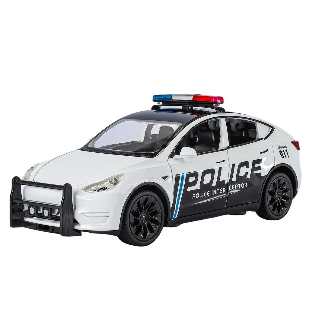 1/24 Metal Die-cast Tesla Armored Police Car Model Simulation Sound and Light Door Can Open Children's Toys Ornaments Birthday Gift