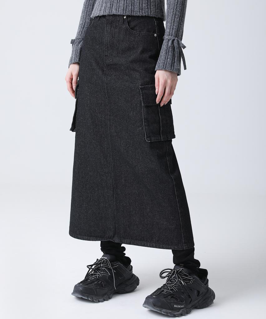 AVANDRESS Rynn Pocket Slit Denim Long Skirt Black