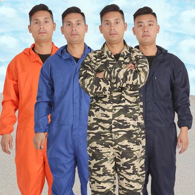Unisex Work Jumpsuit Hooded Long Sleeve Patch Pocket Camouflage Print Jumpsuit Waist