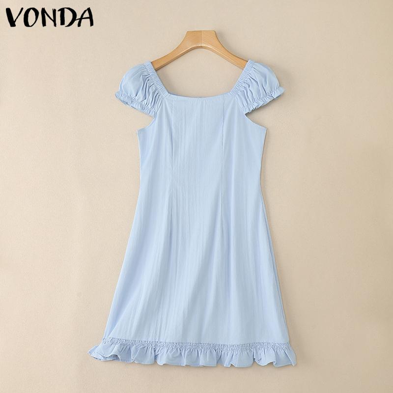 

VONDA Women Square Collar Short Sleeve Ruffled Hem Casual A-line Mini Dress XL синий