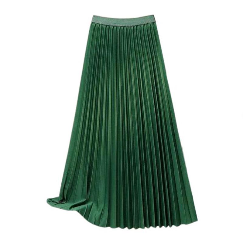 Women Maxi Skirt Elastic High Waist Pleated Skirt Solid Color Smooth Satin A-Line Skirt Work Leisure Wear