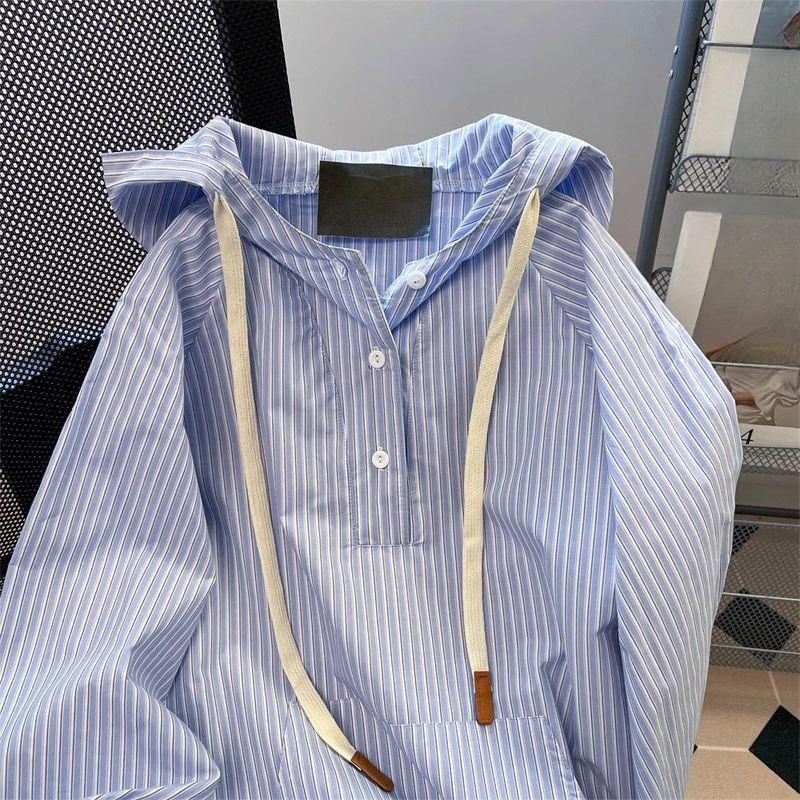Blaues Kapuzensweatshirt für Damen mit vertikalen Streifen, koreanischer Stil, schlichtes Damenoberteil mit langen Ärmeln, locker, Kordelzug mit Tasche, Pullover