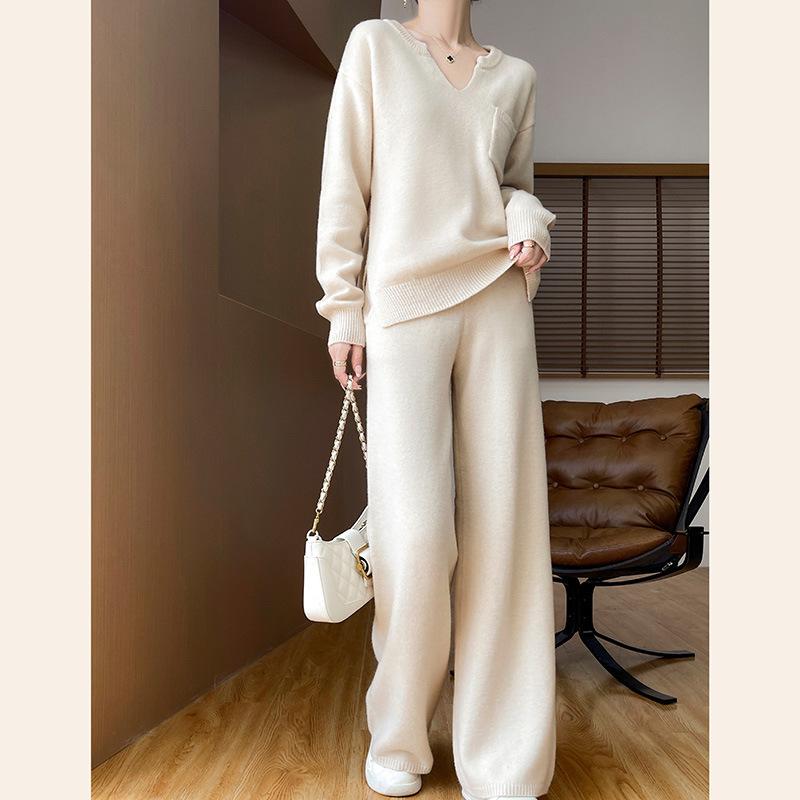 Casual Two-Piece Plus Size Wide-Leg Pants Knitwear Suit with Pockets