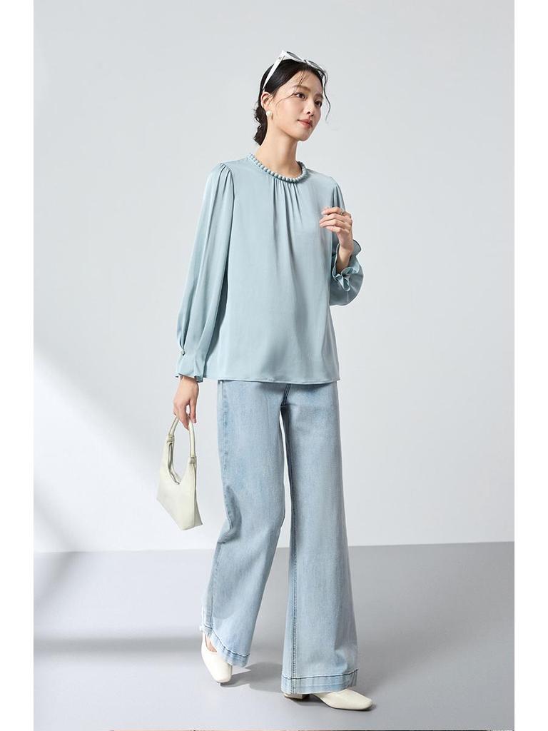 Original Mulberry Silk Stylish Beaded Double-Layer Breathable Top - Versatile Spring Commute High-End Shirt 2026