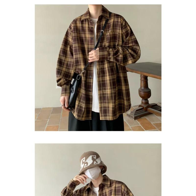 Camisa de Manga Larga Vintage Estilo Japonés para Hombre Holgada Casual