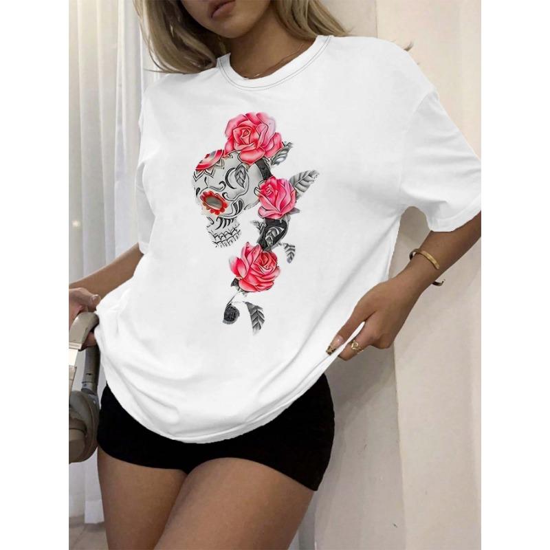 Plus Size Artistic Skull And Rose Print Casual Chic Tee