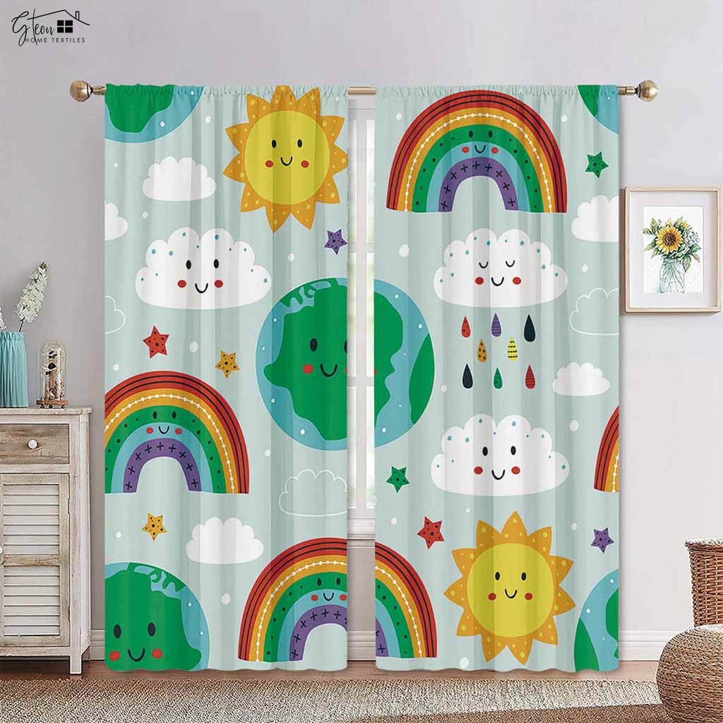 Rainbow Cute Cloud Star Gray Along with White Color Matching Printed Drapes Bed Room Family Room Children's Room Decorative Curtains