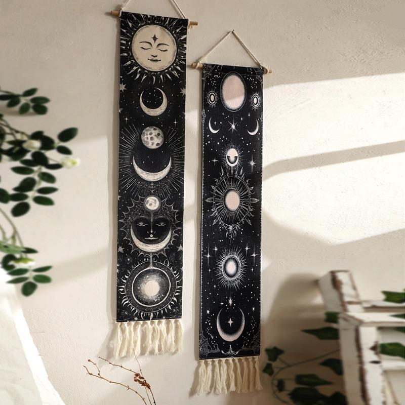 1pcs Bohemian Sun Moon Printed Tapestry Hand-Woven Fringe Wall Hanging Minimalist Home Living Room Background Wall Decor