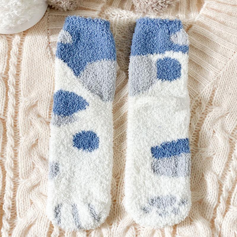 Cat Paw Striped Cute Socks Coral Fleece Winter Women Socks Thick Thermal Floor Sleeping Socks Candy Color Velvet Sock Warm