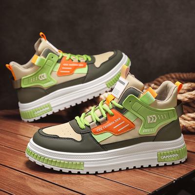 Leather Splicing Contrasting Colors Fashionable Autumn Board Shoes Thick Sole Heightening Casual Sports Lace-Up Medium Top Trendy Shoes Men'S Shoes