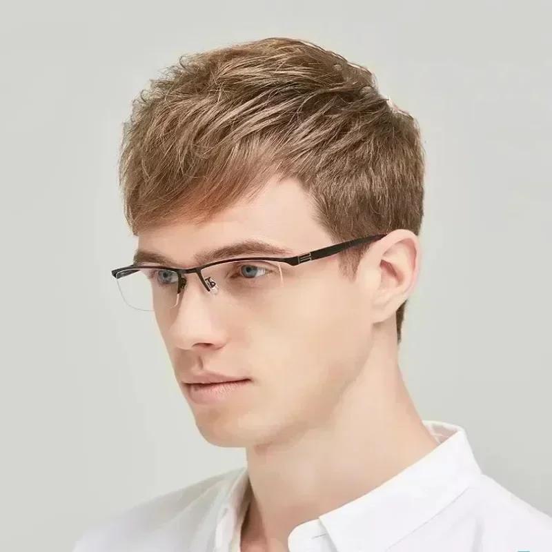 Vintage Business Half Frames Myopia Spectacles Trendy Male's Square Frames Near Sight Spectacles Anti- Blue-Ray Eyeglasses