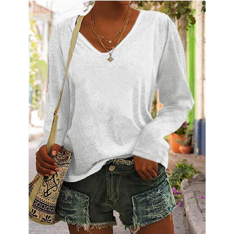 JPNTKY Women's Fashion Casual Solid Color Print V-Neck Long Sleeve Blouses & Shirts