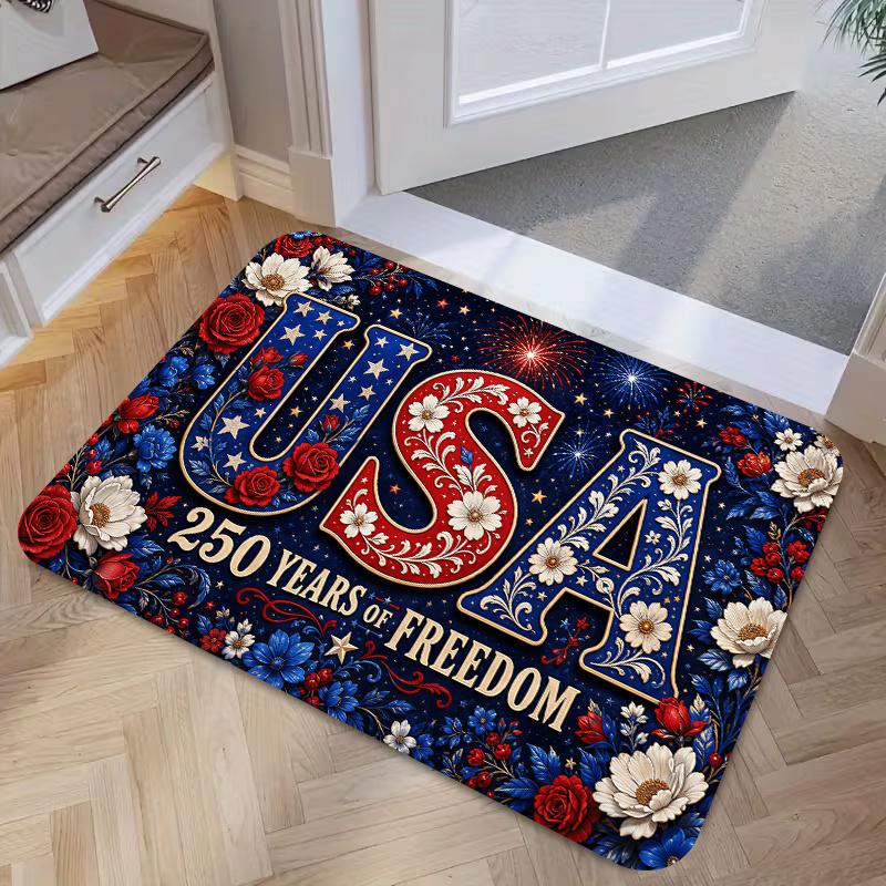 1pc, 2D Flat Printing, USA 250 Years of Freedom Patriotic Floral Indoor Floor Mat, Non-Slip Machine Washable Easy-to-Clean Polyester Mat, Suitable for
