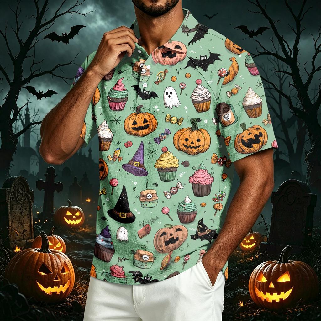 Men's Casual Short Sleeve Polo Shirt Lightweight Breathable Cotton Linen Fabric Halloween Print Design Button Down Collar