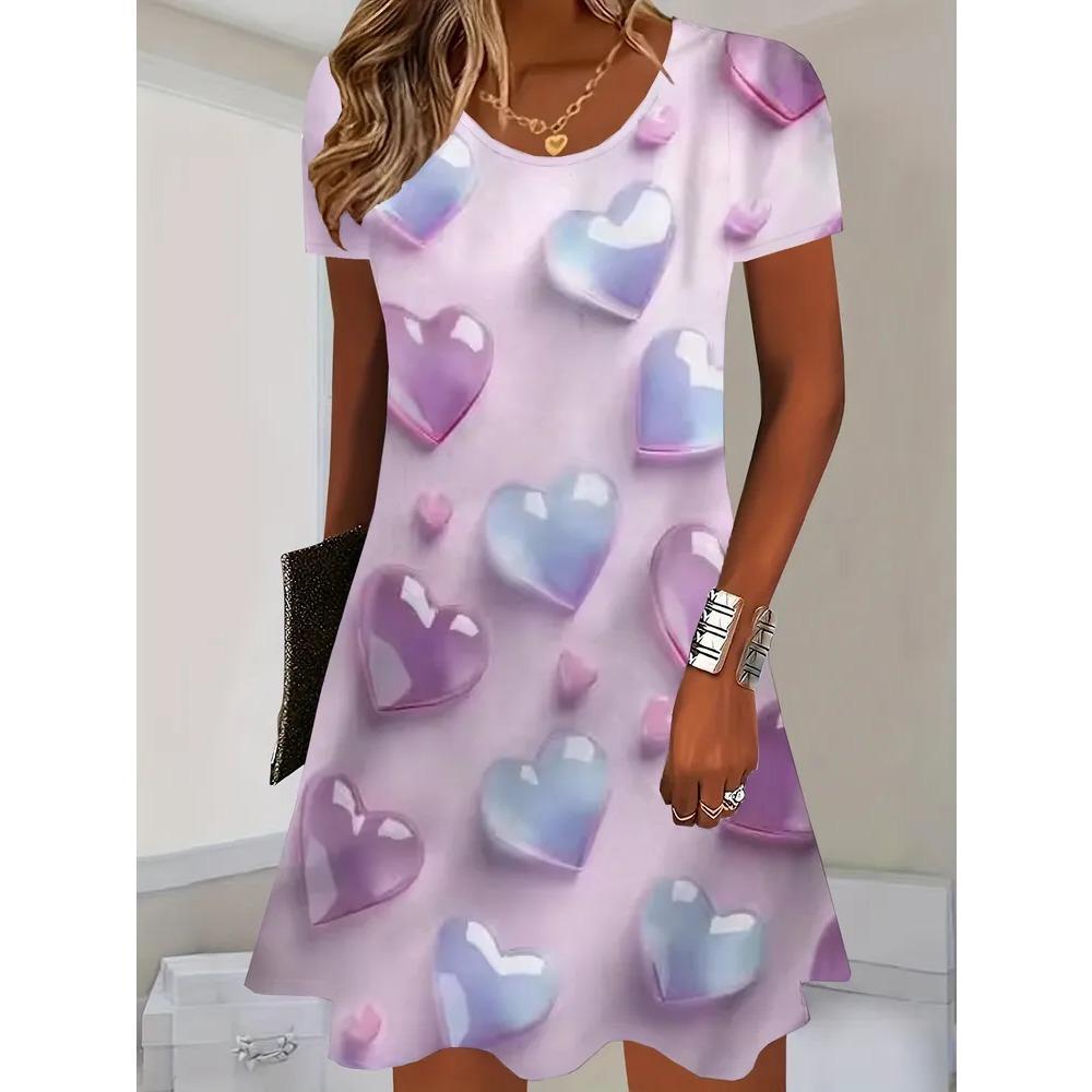 Summer Round Neck Short Sleeved Dress Colorful Heart-shaped Water Droplet Print Fashionable Comfortable Breathable Vacation Casual Women's Mini Dress