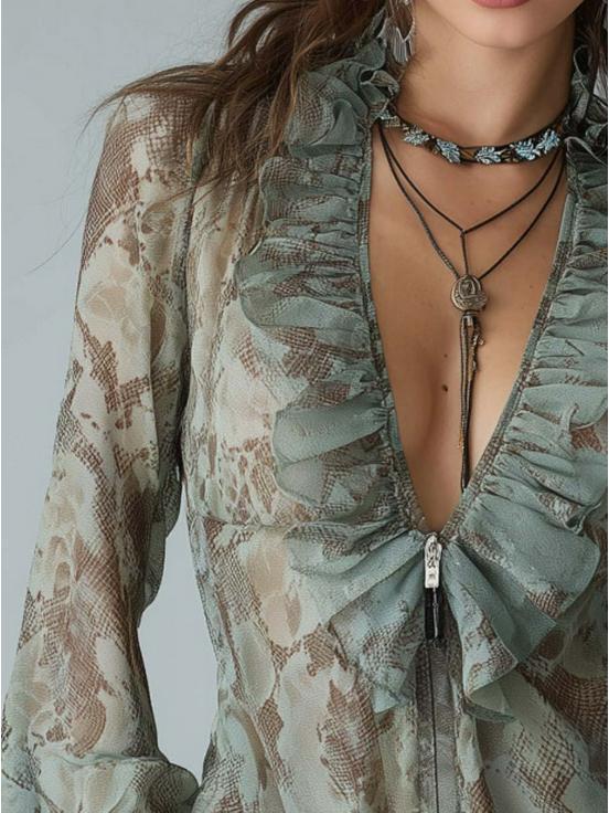 Mist Sage Slangenprint Gerimpelde Ritssluiting Chiffonen Blouse