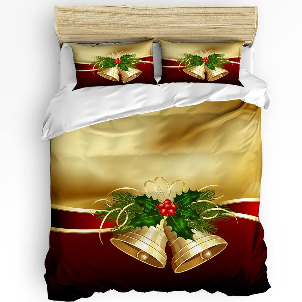 Christmas golden bell red ribbon three-piece quilt cover 3D digital printing bedding set