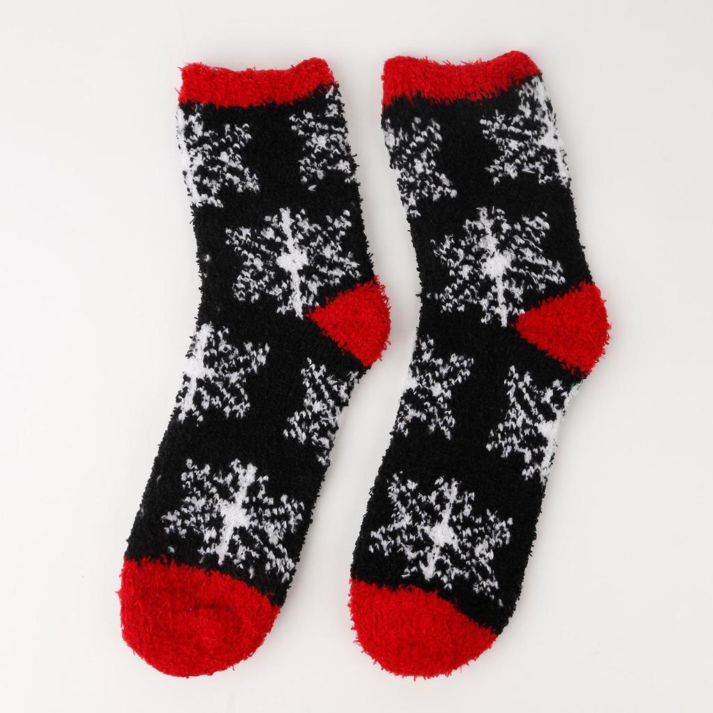 Women's Christmas Socks - Elk & Santa Design, Thick Coral Fleece, Floor Socks