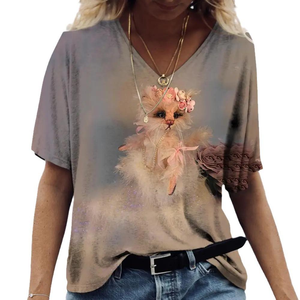 Ladies' V-neck T-shirt 3D Printed Animated Bunny Trendy Printed Short Sleeved T-shirt