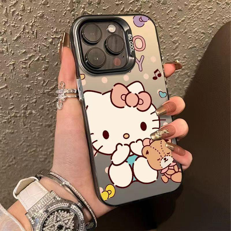 Full-screen Hello Kitty phone case for iPhone 16 Pro Max, cute cartoon design, 14/13/12/11, double-layered, colored silver.