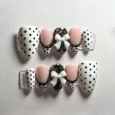 24PCS Sweet White French Press On Nails Cute Black Polka Dots Lace Pattern French False Nails Cute 3D Bowknot Wearable Nail Tips