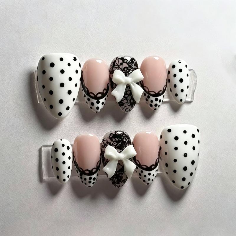 24PCS Sweet White French Press on Nails Cute Black Polka Dots Lace Pattern French False Nails Cute 3D Bowknot Wearable Nail Tips