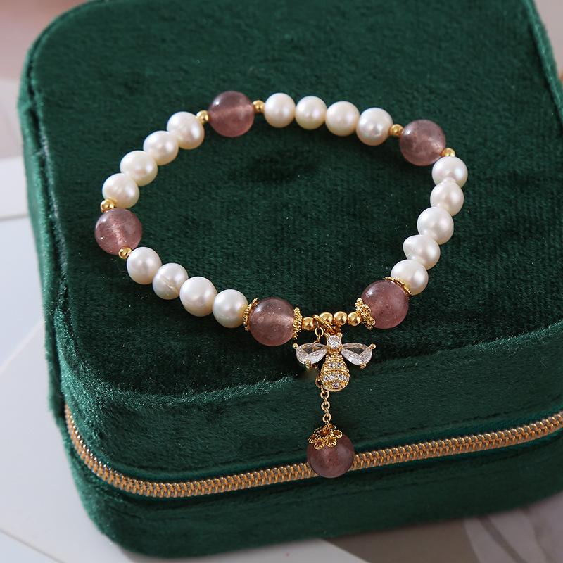 Natural Pearl Bracelet Bee Strawberry Crystal Bracelet Bangles Women Fashion Jewelry Accessories Gift