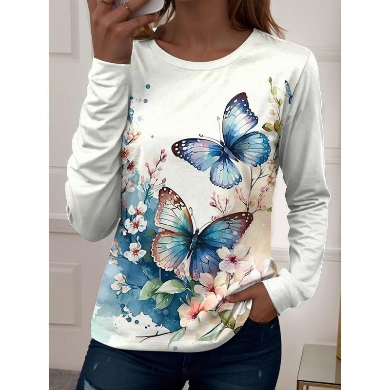 Autumn Fashion Women's Butterfly Plants Elegant O-Neck Long Sleeve T-Shirt Y2K Casual Tops Womens Clothing Harajuku Pullover