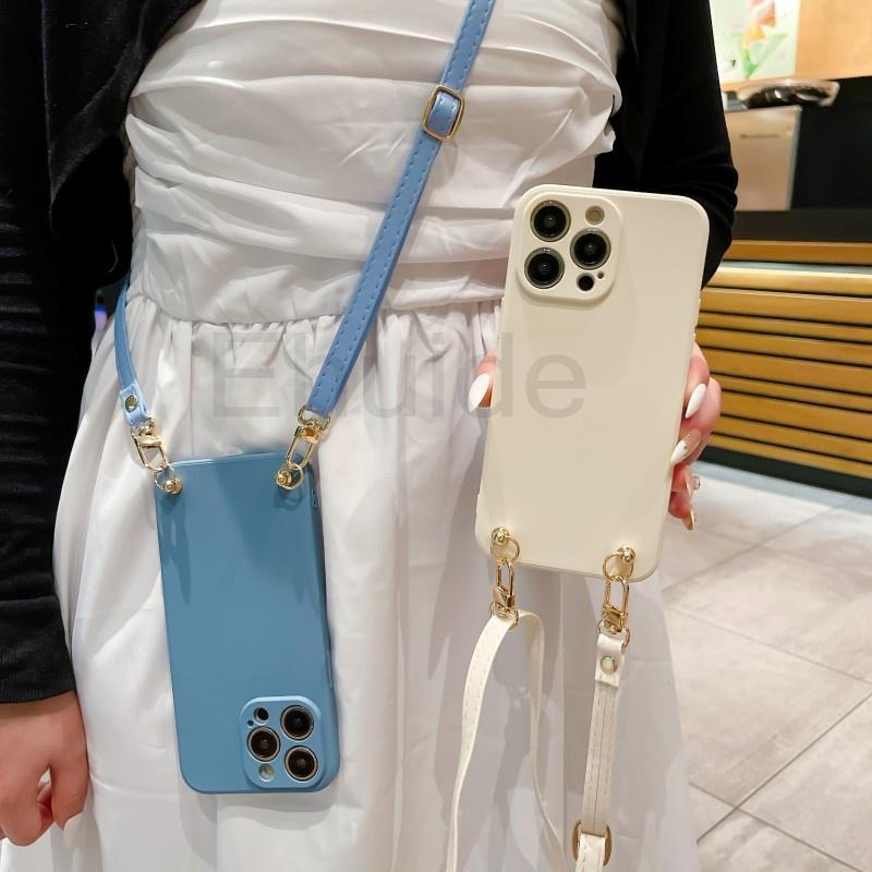 Leather Lanyard Case for Samsung Galaxy S24 S23 Ultra S22 S21 Plus S20 FE Note 20 A54 A14 Crossbody Strap Liquid Silicone Cover