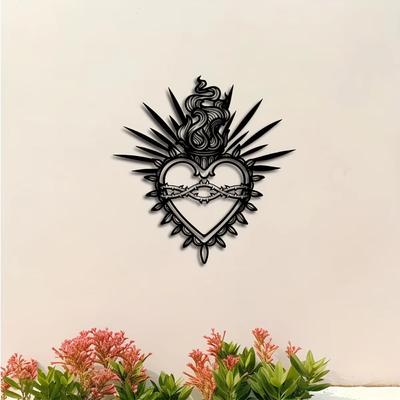 Sacred Heart Metal Wall Art Religious Figure Christ with Sacred Words Verses Decoration for Faith Home Living Room