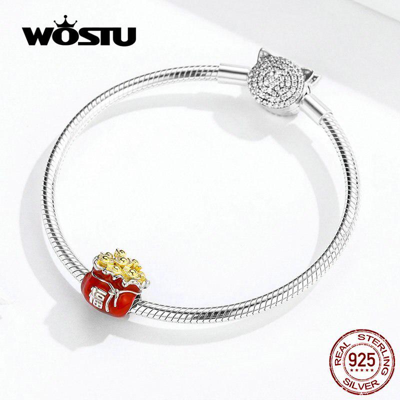 WOSTU Lucky Fortune Bag Beads 100% 925 Sterling Silver Red Enamel Charm Fit Original Bracelet