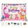 Cute Pink Dinosaur Birthday Backdrop, 100cm Customizable Name Party Background Banner for Girls Kids Birthday Decor