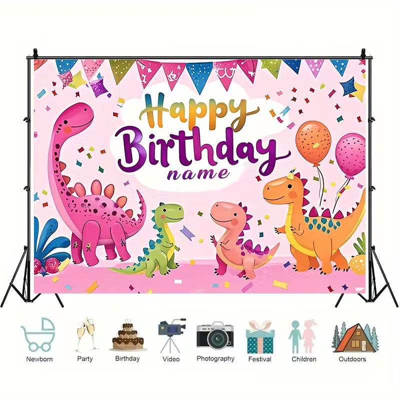 Cute Pink Dinosaur Birthday Backdrop, 100cm Customizable Name Party Background Banner for Girls Kids Birthday Decor
