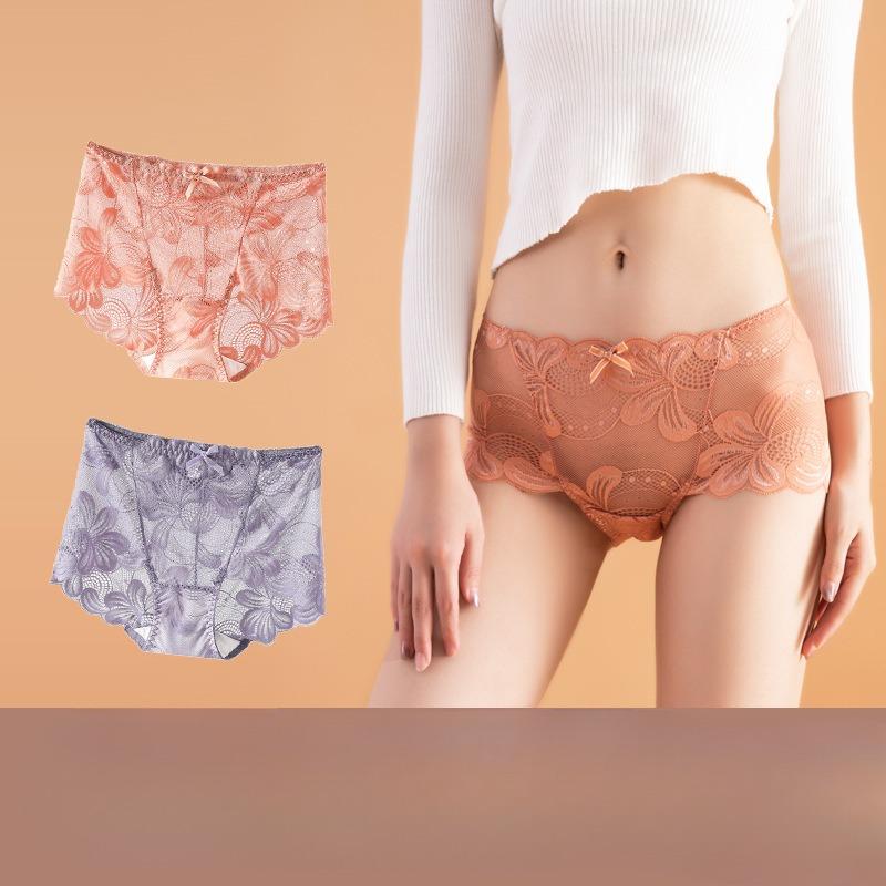 Sexy Lace Underwear for Women with No Trace High Waist Elastic Lifting Perky Buttocks Hollowed Out Large Size Antibacterial Panties