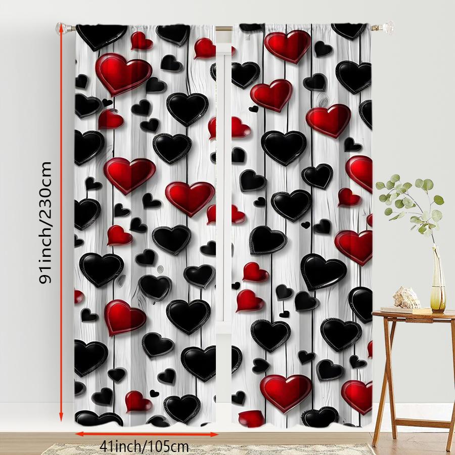 2PCS Red   White   Black Heart-shaped Wood Grain Curtains   Classic Style   Bedroom and Living Room   Pull Rod Pocket Style